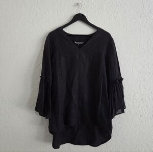 Crown Linen Designs Linen Black Blouse Boho Lagenlook Artsy Witchy 3/4 Sleeve
